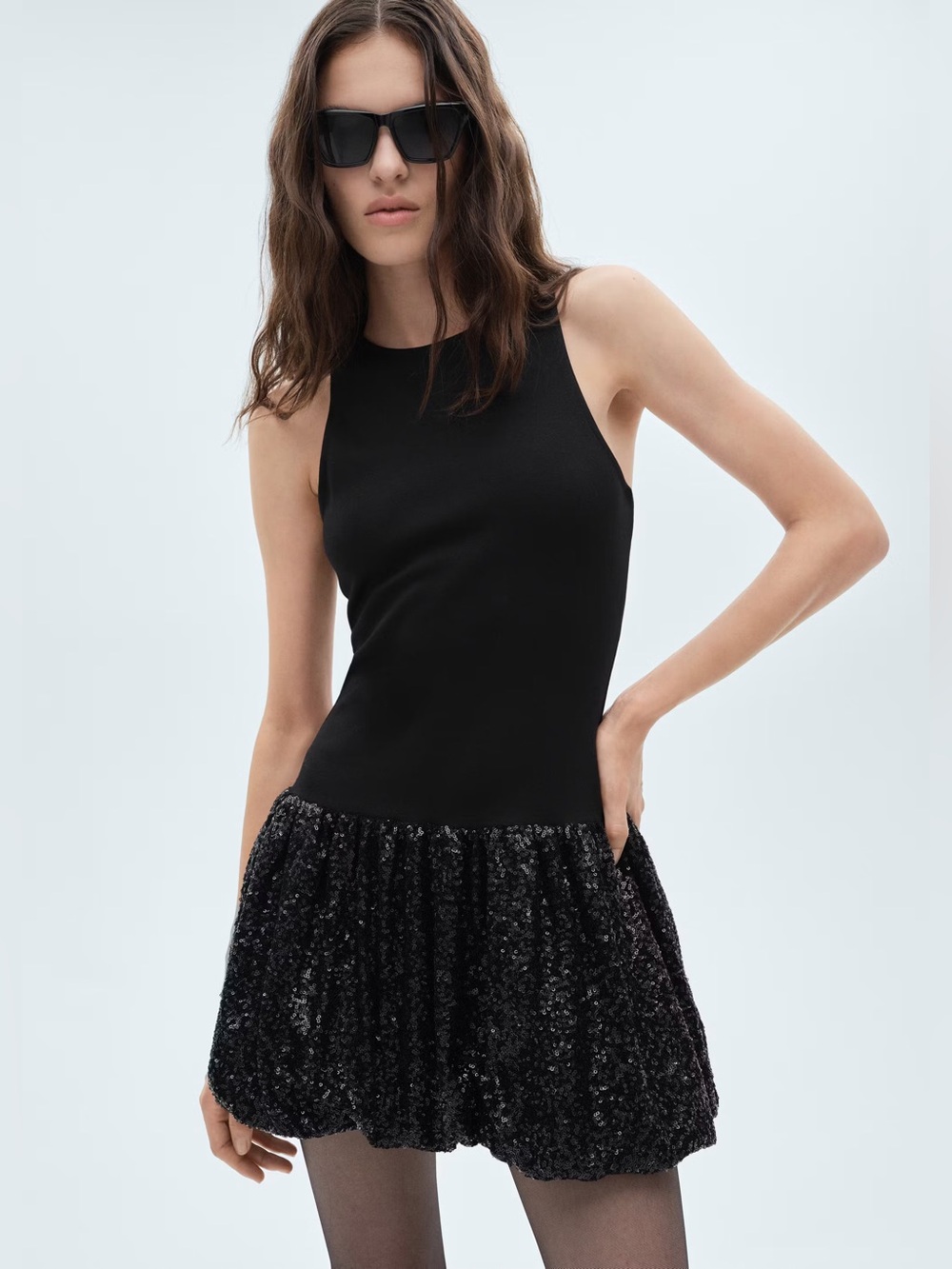 Mango Black Sequin balloon skirt dress NWT